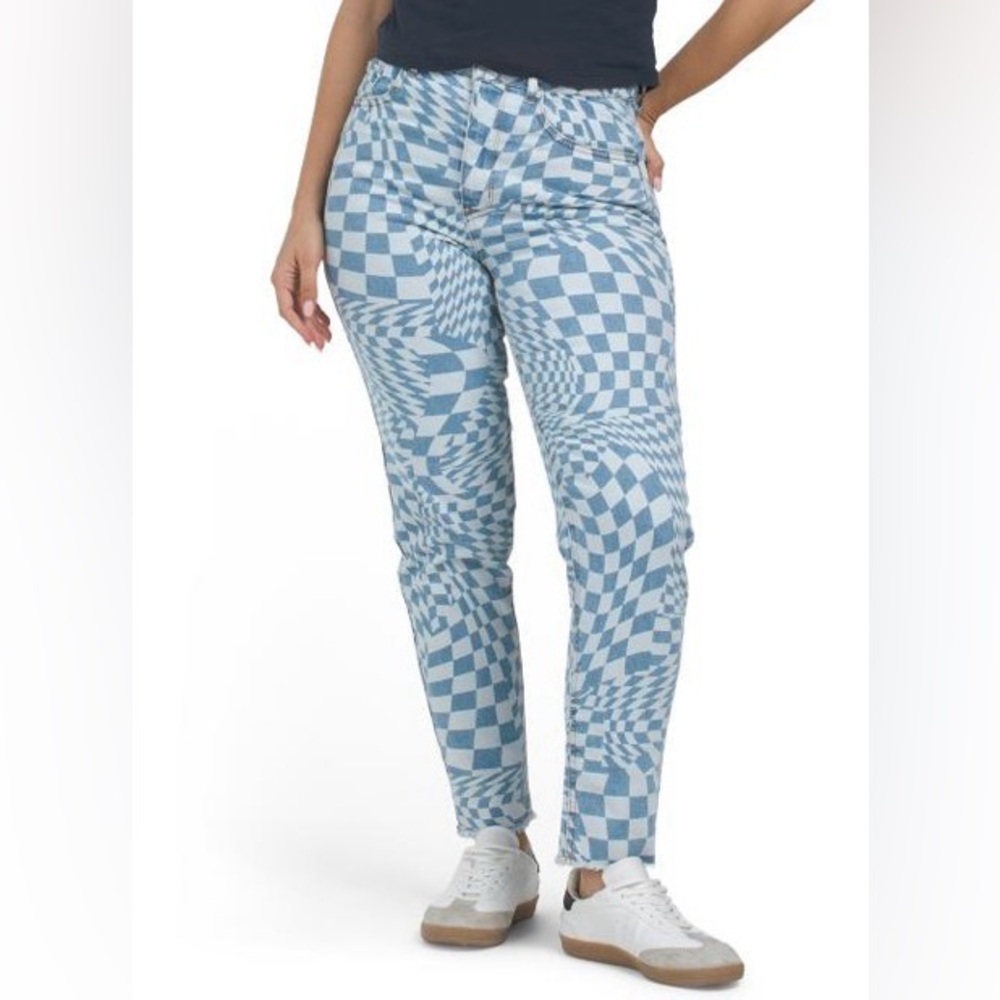 Tinseltown High Rise “Mom Jeans” Frayed Hem Sky Blue Checkerboard Skinny Size 5